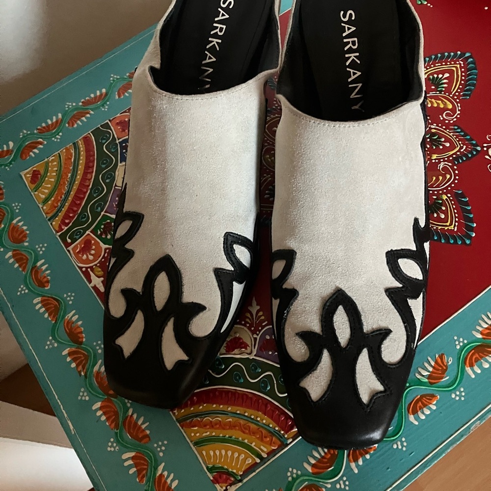 Western Style Designer  High Heel Leather Mules  gray suede and black leather